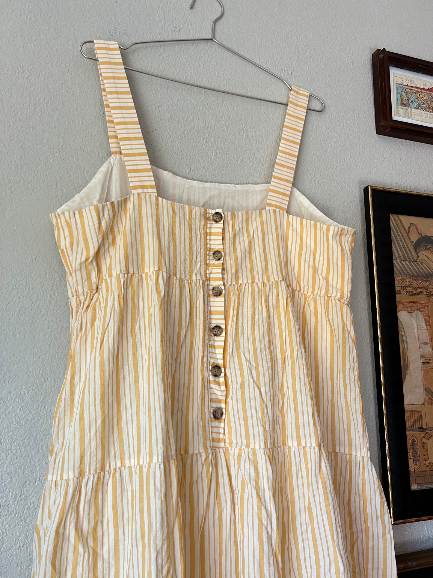 Madewell Yellow and White Striped Button-Back Tiered Midi Dress - US 16