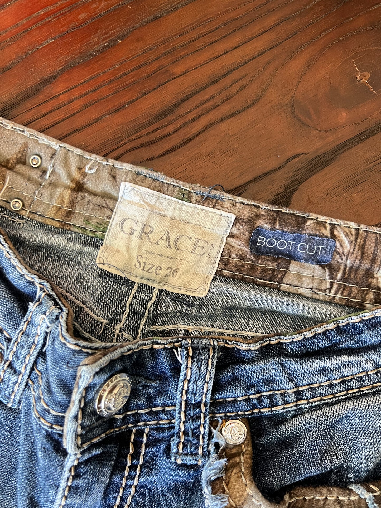 Y2K GRACE Boot Cut Denim Distressed Camo and Contrast Stitches - 26