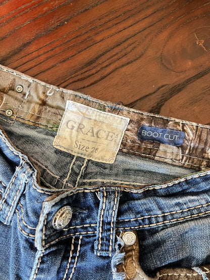 Y2K GRACE Boot Cut Denim Distressed Camo and Contrast Stitches - 26