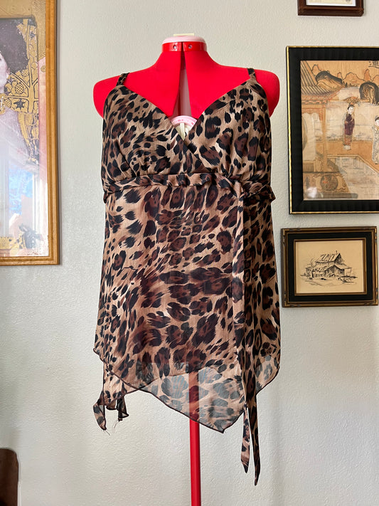 American Vintage Y2K Leopard Print Sheer Tank Top with Bow - 2X