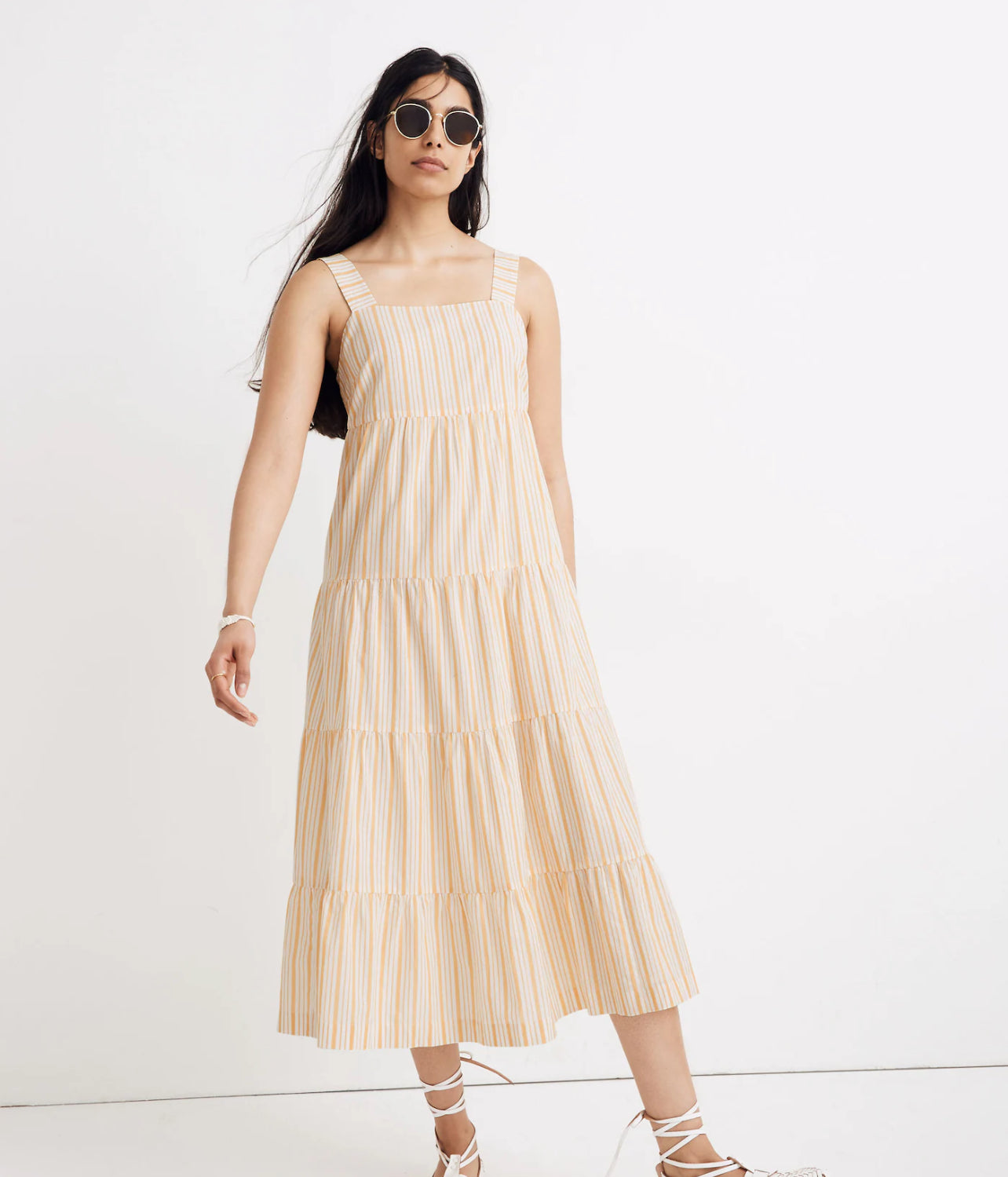 Madewell Yellow and White Striped Button-Back Tiered Midi Dress - US 16