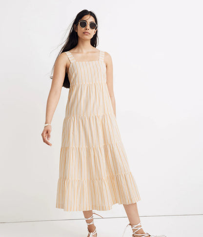 Madewell Yellow and White Striped Button-Back Tiered Midi Dress - US 16