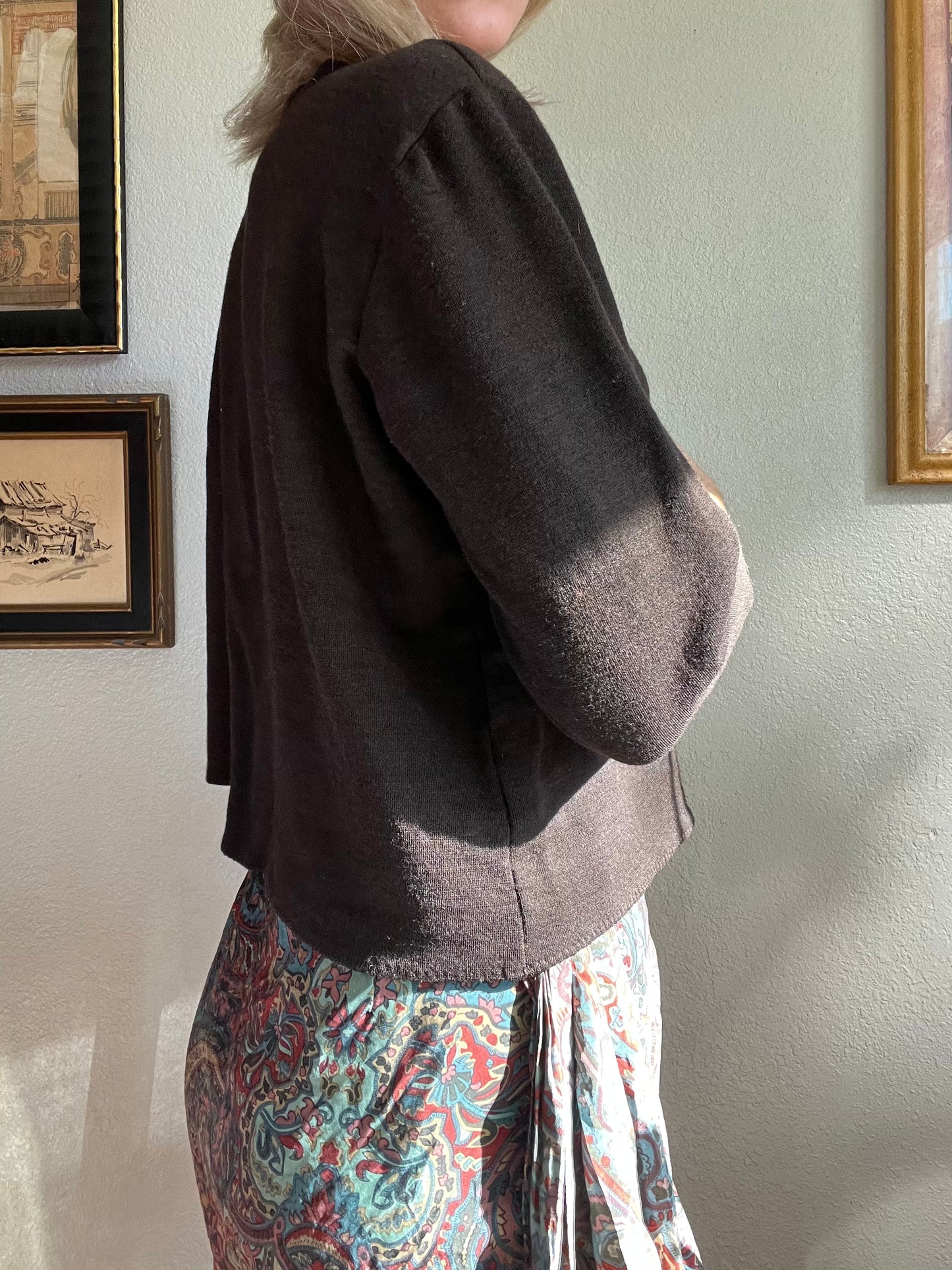 Vintage Eileen Fisher Wool Open Front Brown Cardigan 3/4 Sleeves - Small