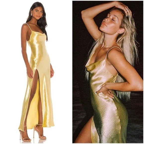 RESA River Open-Back Satin Slip Gown in Butter - Small