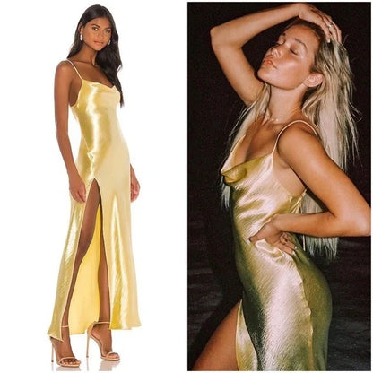 RESA River Open-Back Satin Slip Gown in Butter - Small