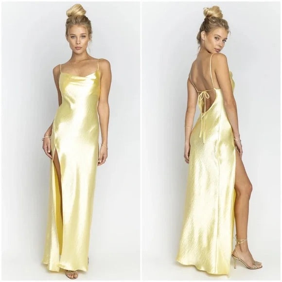 RESA River Open-Back Satin Slip Gown in Butter - Small