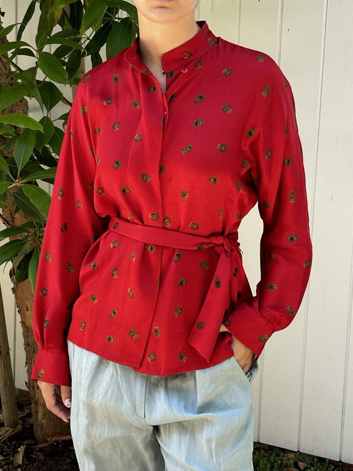 80s 100% Silk Sash Bow Blouse